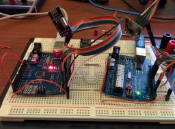 My first proof-of-concept, with two nRF24L01 chips each hooked up to an Arduino.
